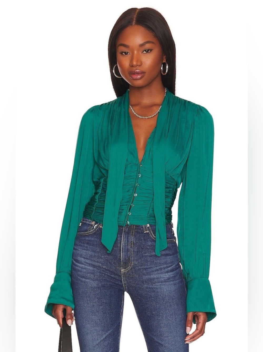 Free People Meet Me There Ruched Button-Down Blouse in green balsam Corset Vibe